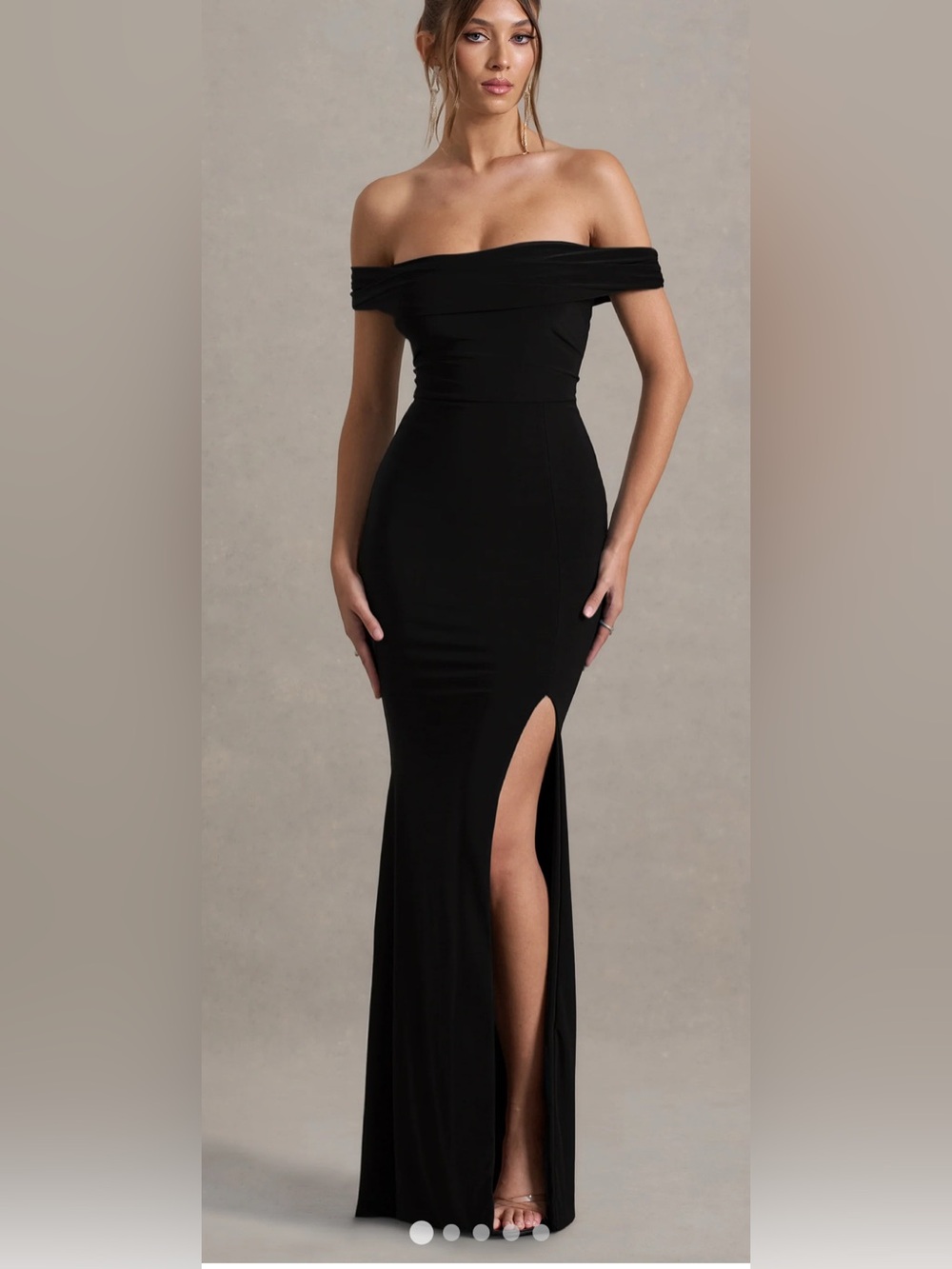 Club L London Black Off-Shoulder Maxi Dress with High Side Slit